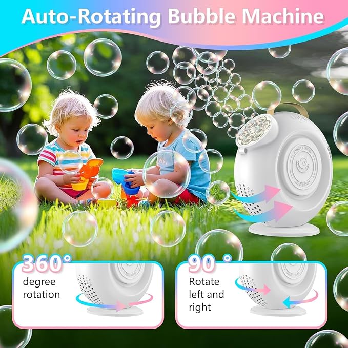Automatic Bubble Machine for Kids & Toddlers, Rechargeable 15000+ Bubbles Per Minute with 90°/360° Rotation & LED Light - Bubble Blower for Birthday Wedding Outdoor Party Gifts
