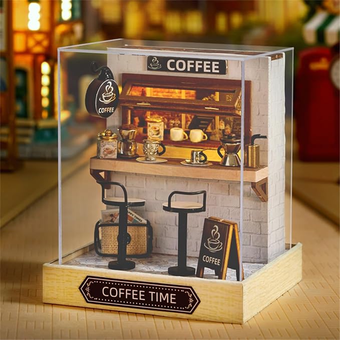 Kisoy Dollhouse Miniature with Furniture Kit, DIY 3D Wooden DIY House Kit with Dust Cover,Handmade Tiny House Toys for Teens Adults Gift (Coffee Time)