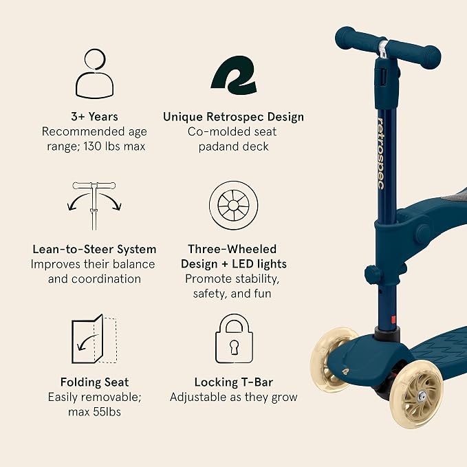 Retrospec Chipmunk Plus Kids’ Kick Scooter 3+ Years - Height Adjustable 3 Wheel Scooters - Learn to Steer, Foldable Seat, LED Lights, & No-Slip Deck
