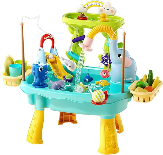 2027 Upgraded 4-in-1 Sand Water Table for Toddlers 1-3, Kids Sensory Table with Electric Water Pump & Elephant Faucet, Play Kitchen Sink with Food Accessories, Fishing Toy (Blue)