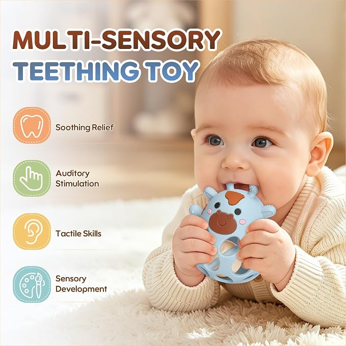 Baby Teething Toys 3-6 6-12 Months, Teether Toy with Rattle 0-6 Months, Newborn Silicone Teether Chew Toys for Infants 3 6 9 12 18 Months, Easy-Grip Hole, Baby Shower Gifts for Boys Girls