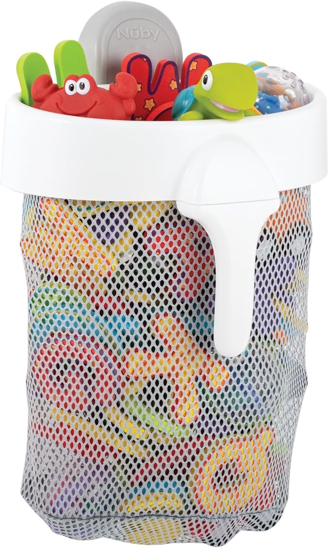 Nuby Mesh Toy Caddy - Bath Toy Storage Organizer with Detachable Suction Hanger - Handle for Easy Scooping - Durable, Quick-Dry Mesh