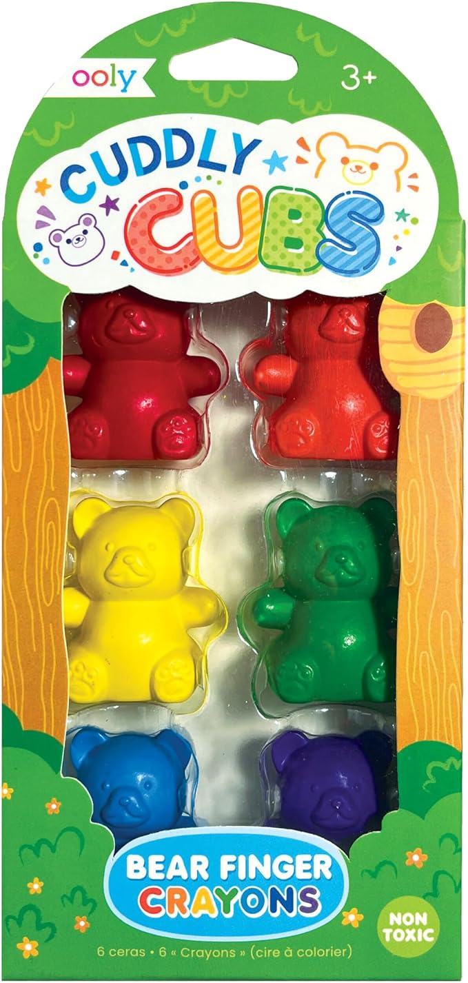OOLY Cuddly Cubs Bear Finger Crayons for Toddlers - Set of 6 Bear Shaped Crayons, 6 Colors, Easy Grip, Non-Toxic, Ages 3+