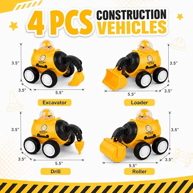Press and Go Construction Truck Toys, 4 Pack Vehicles for Toddlers | Includes 4 yellow construction vehicles; movable front arm; for sandbox, floor play, and gift moments.