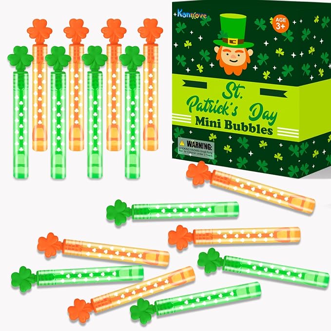 St Patrick's Day Party Favors Supplies Goodie Bag Fillers for Kids 32 Pack, Mini Bubble Wands Toys Gifts for Toddlers, Saint Patty's Classroom Non Candy Treats Prizes Shamrock Accessories Decorations