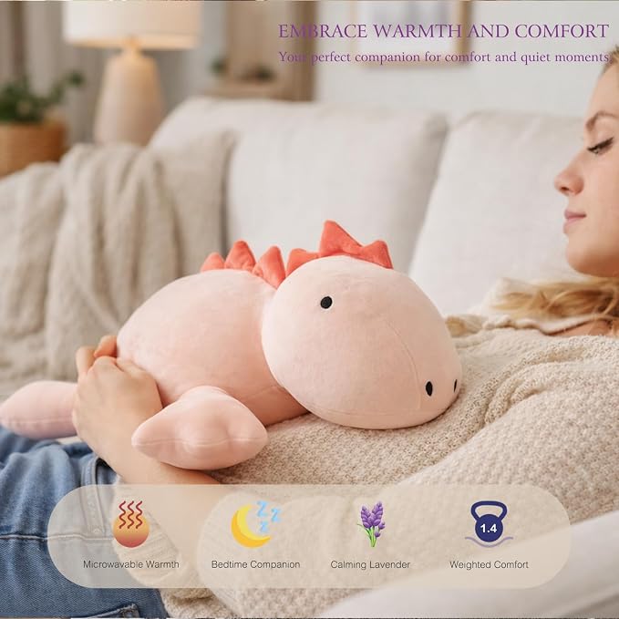 OSOCU® Microwavable Heating Pad Pink Stegosaurus Plush - 1.4 Lb Weighted Stuffed Animal Toy with Tourmaline Beads & Lavender - 16" Squished Long Dinosaur Pillow - Lumbar Back Cushion Lasting Warmth