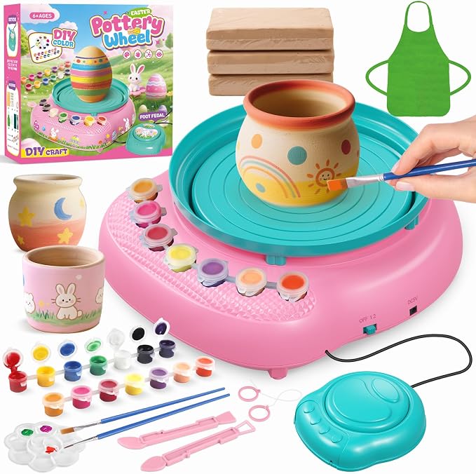 Pottery Wheel for Kids with Complete Clay Kit,Beginner Pottery Painting Set with Air Dry Clay,12 Paints,Sculpting Tools,Apron and Guide,Arts and Crafts Christmas Birthday Gift for Girls Boys Ages 6-12