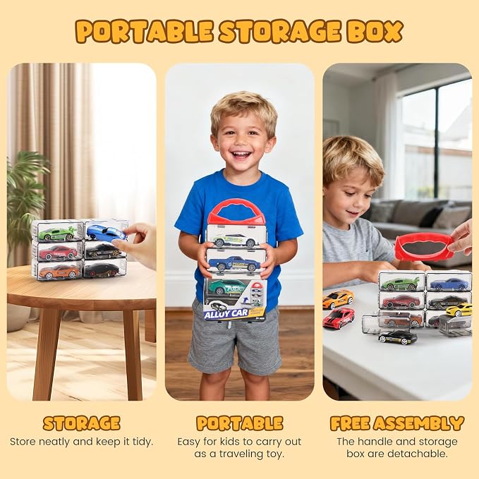 Die Cast Pull Back Toy Cars, 4 Pack 1:64 Mini Cars with | 4 pull-back die-cast mini cars with a portable storage case for racing, collecting, sharing, and travel play.