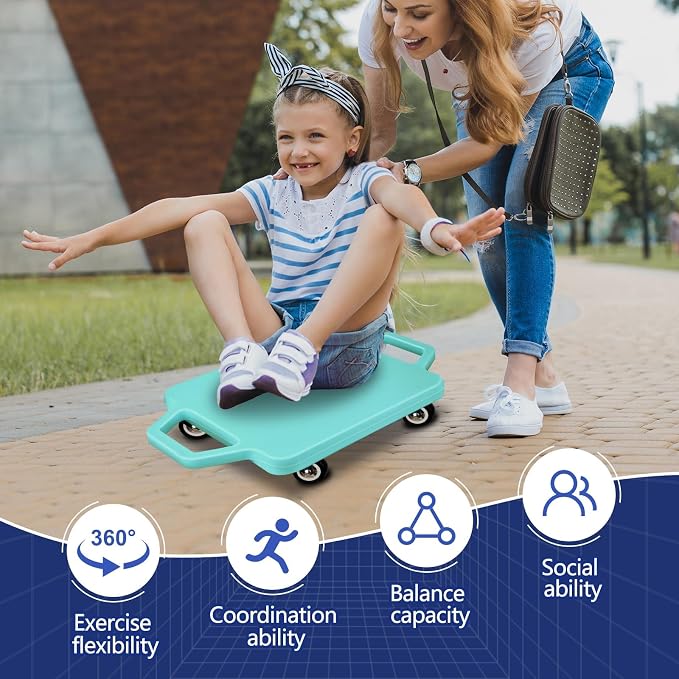 2 Pcs Sports Scooter Board with Handles Colored Floor Sitting Scooter Board with Plastic Casters for Kids Gym Indoor Outdoor Activities Play Equipment