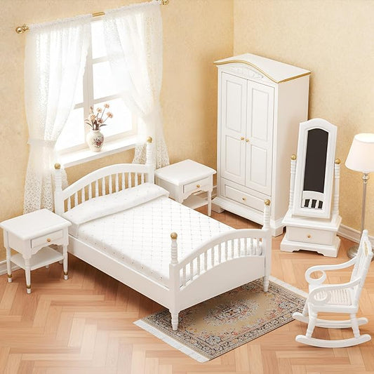 Skylety 7 Pcs Wooden Dollhouse Furniture Set 1: 12 Scale Victorian Dollhouse Bedroom Furniture, Bed Dressing Table Wardrobe Carpet for Adults Toys Miniature Doll House Accessories(White,Vintage)