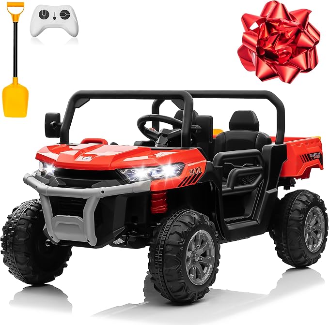 24V 4WD Ride on Car Dump Truck w/4X200W Motor, 2 Seaters, Gift Flower, 2.4G Remote Control, Bluetooth Music, LED Light, 24 Volt Ride on Toy Cars for Big Kids, Red