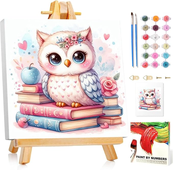 Paint by Numbers Kit for Kids with Frame, Owl Paint by Numbers for Kids Ages 4-8-12, DIY Owl Acrylic Oil Painting for Home Wall Art Decor Gift 7.8x7.8 inch (with Frame Easel)