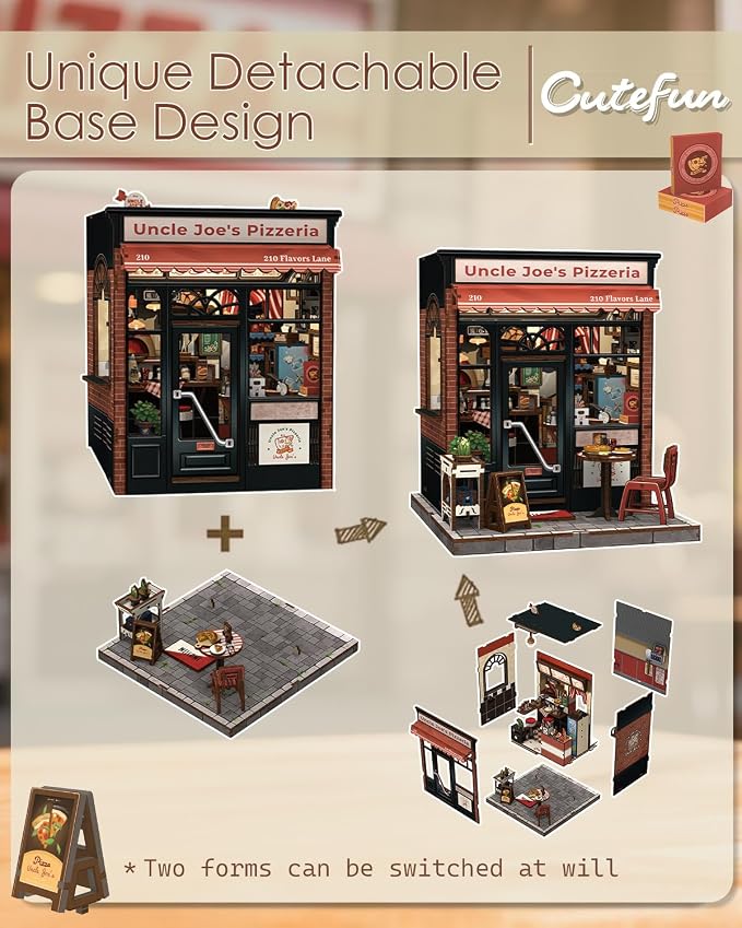 Cutefun Book Nook Kit - DIY Miniature Pizza Shop Booknook Kits for Adults and Teens, 3D Wooden Puzzle Bookend Bookshelf with LED Light, Creative Crafts Gifts for Beginners (Uncle Joe's Pizzeria)