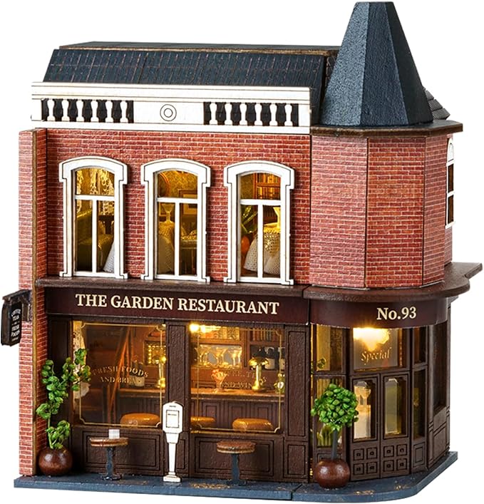 Flever Dollhouse Miniature DIY House Kit Creative Room with Furniture for Romantic Valentine's Gift (Corner Restaurant)