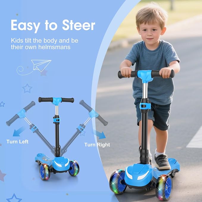 Electric Scooter for Kids Ages 3-8, 3 Wheels Electric Scooter, Electric Kick Scooter with 2 Speeds, Long Battery Life, Flashing LED Wheels, Adjustable Height, B2 with Bluetooth Music for Boys/Girls
