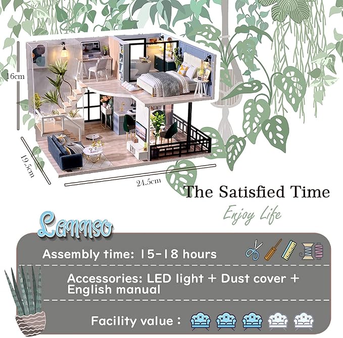 Lannso DIY Dollhouse Miniature Wooden Furniture Kit, Doll House Kit with Dust Proof Cover Music Box, Mini Handmade Wooden Dollhouse Toys for Adult Gift(L32)