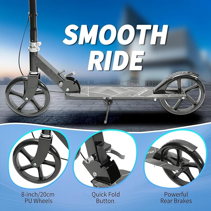 Scooters for Kids 8-12,Scooter for Teens Adults with 8-Inch Big Wheels Foldable Lightweight, 4 Adjustable Height Levels, 240 lbs Max Load Portable Scooter with Hand Brake