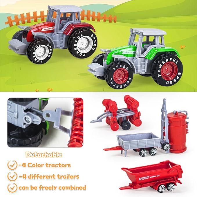 4 Pack Farm Tractor Toys, Die cast Tractor Toys with Trailers for Kids 3-5 Detachable Alloy Farm Tractors and Truck Toys for Toddlers Boys 3 4 5 6 7 8 Birthday Gift & Cake Toppers