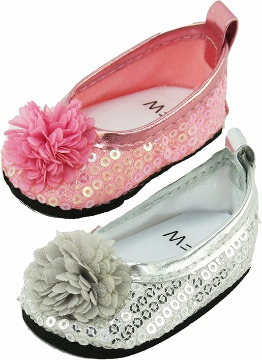 American Fashion World Sequin Flats with Flower for 18-Inch Dolls | 2 Piece Set | Premium Quality & Trendy Design | Dolls Shoes | Shoe Fashion for Dolls for Popular Brands