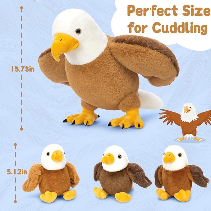 6 Piece Bald Eagle Plush Toy Set, 16 Inch Mother Eagle Stuffed Animal with 3 Baby Eagles and 2 Eggs, Soft Eagle Plush Family for Kids Boys Girls, Birthday for Bird Lovers