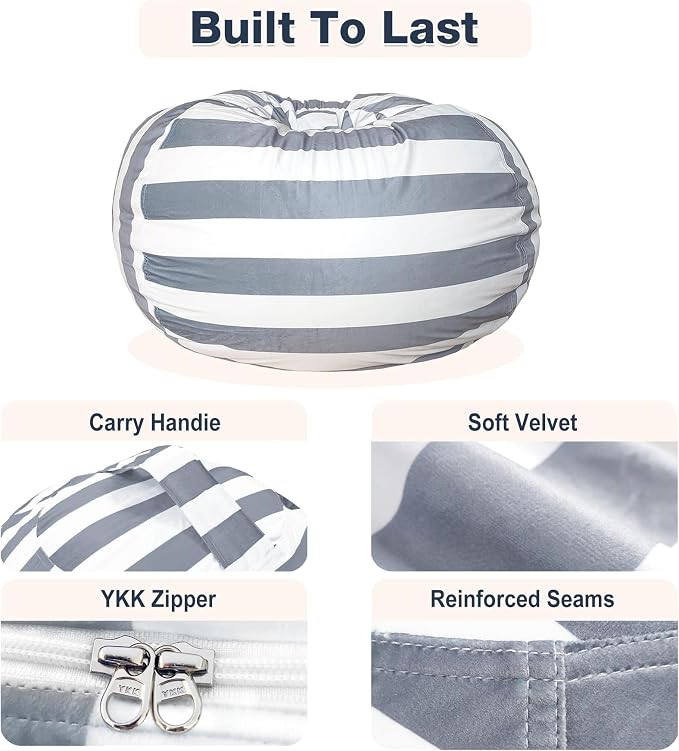 Lukeight Stuffed Animals Storage Bean Bag Chair Cover for Kids and Toddlers, Cozy Velvet Plush Toy Organizer Seat, Cover Only, No Filling Included, Long YKK Zipper, Side Pocket, Large 27 x 16 in