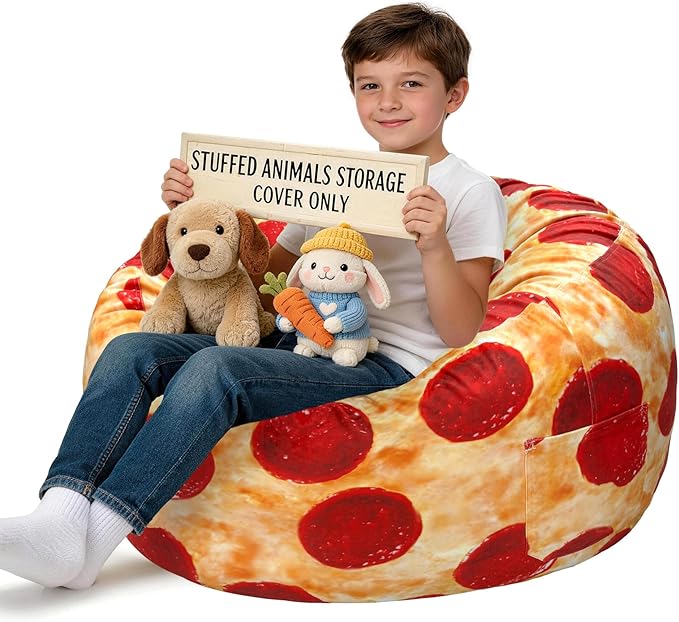 Lukeight Pizza Stuffed Animals Storage Bean Bag Chair Cover for Kids, Cozy Velvet Plush Toy Organizer Seat, Cover Only, No Filling Included, Long YKK Zipper, Side Pocket, X-Large 30 x 18 in
