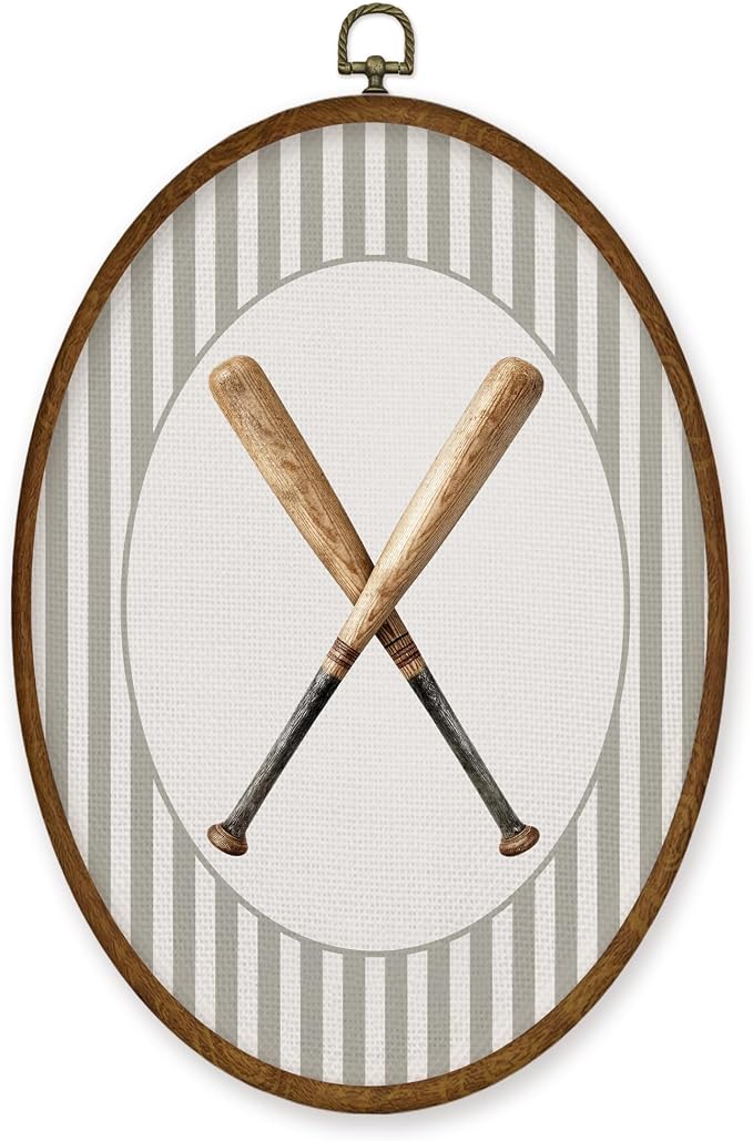 WULQYING Baseball Bats Sports Nursery Wall Art Decor, Boys Room Oval Framed Canvas Art Prints, Neutral Striped Sport Lover Gift Wall Hanging Decor for Kids Nursery Room Playroom, 8.5x11.3 Inches