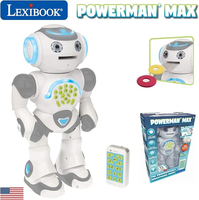 LEXiBOOK Powerman Max, Remote Control Walking Talking Toy Robot STEM Programmable, Dances, Sings, Tells 10,000 Stories, 300+ Learning Quiz, Shooting Discs and Voice Repeat for Kids 4+ ROB80US