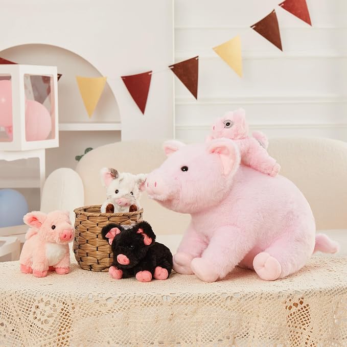 5-Piece Pig Stuffed Animal Set, 16 Inch Mommy Plush with 4 Baby Piggy Toys, Soft Cuddly Kawaii Plushies, Christmas Birthday Gift for Kids Girls Boys, Baby Shower Decor