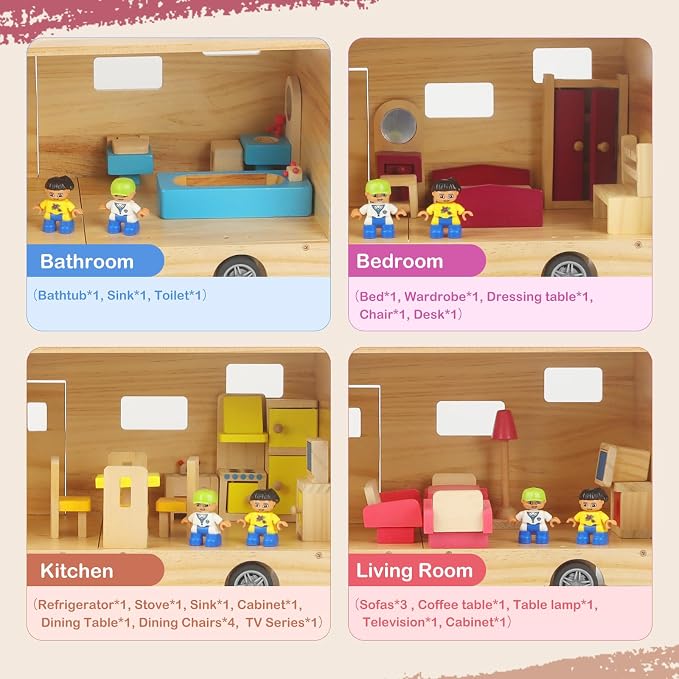 RV Camper Dollhouse for Kids, Wooden Rolling Motorhome with Full Furniture Set, Travel Doll House Toy with Miniature Rooms for Boys & Girls, Pretend Play Adventure Home