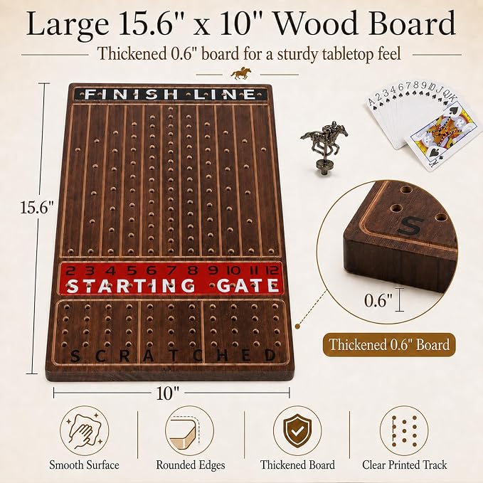 Jyquorp Horse Race Board Game Wooden Kentucky Derby Party Game Set with 11 Metal Horses, 2 Dice & 2 Card Decks, Large Solid Wood Horse Racing Board Game for Family & Adults (15.6" x 10")