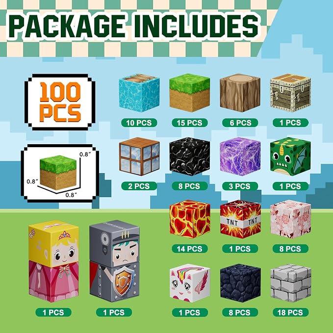 Uucoco 100PCS Magnetic Blocks - Magnet Cubes Toys Stacking, Build Mine Magnet World Magic Portal Set, STEM Montessori Stacking Toy for 3+ Year Old Boys&Girls (Forest and Castle)