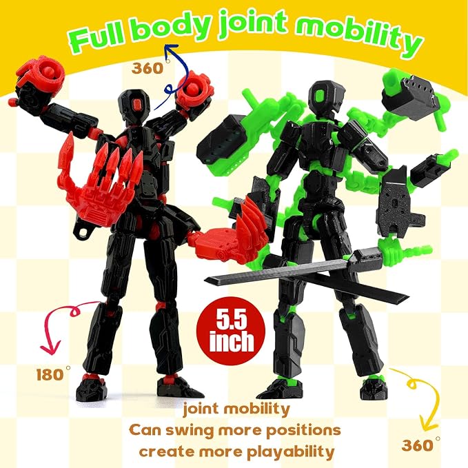 T13 Assembly Completed Action Figure Set, Multi-Jointed Movable 3D Printed Robot Toy, Cool Desktop Decoration Collectible Gift for Game Lovers (Black red and Black Green)