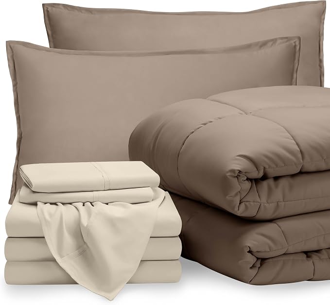 Bare Home Bed-in-A-Bag 8 Piece Comforter & Sheet Set - Split King - Goose Down Alternative - Ultra-Soft 1800 Premium Bed Set (Split King, Taupe/Sand)