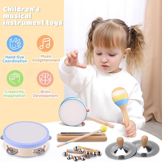 Baby Musical Instruments for Toddlers 1–3, Montessori Wooden Music Set with Drum Flute Clarinet Bells Cymbals, Toddler Musical Instruments Educational Kids Toys Birthday Gifts for Boys Girls
