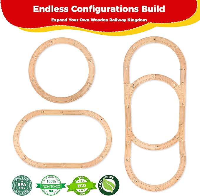 Wooden Train Tracks 24 Pieces Set, Track Expansion Pack with Storage Bag - Includes Male/Female Adapters - 100% Compatible with All Major Brands Including Thomas, Brio, Melissa & Doug