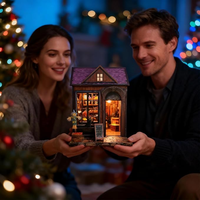 Magic Cabin Miniature Dollhouse with LED Lights, Vintage Furniture & Decor – Handcrafted Fantasy Shop Display for Home Decor, Collectibles & Gifts