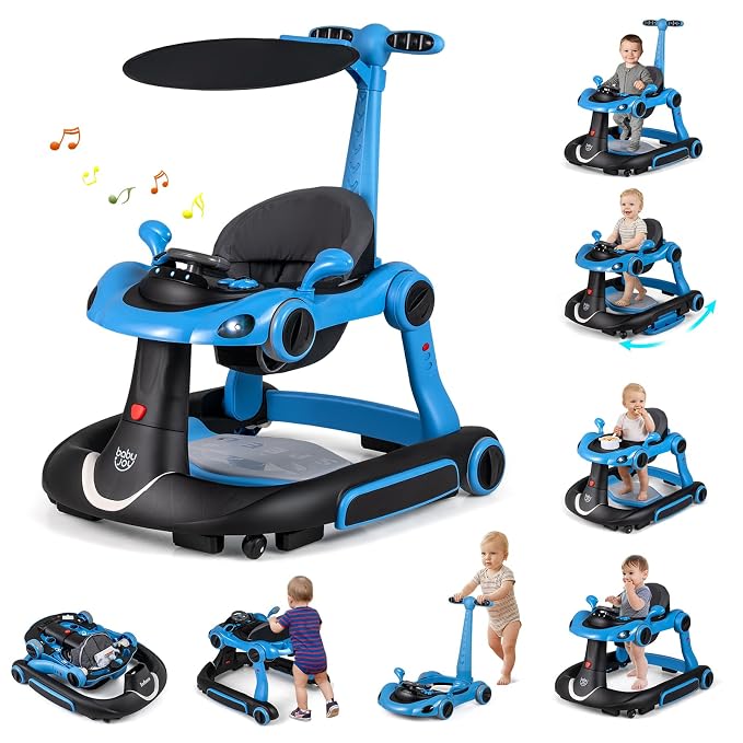 BABY JOY 7-in-1 Baby Walker, Foldable Baby Walker and Bouncer Combo with Handle, Adjustable Height & Speed, Music, Lights, Rocker/Push Mode, Baby Walker with Wheels for Boys Girls 7-18 Months (Blue)