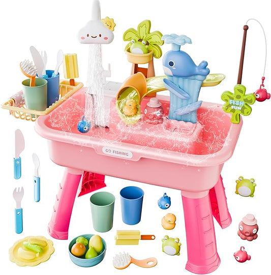 2026 Upgraded Water Table for Toddlers 1-3, Kids Play Sink with Running Water, Toddler Kitchen Sink Toy with Pump, Fishing Game & Sensory Water Play Toys for Boys Girls (Pink)