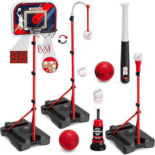 HYES 4 in 1 Kids Basketball Hoop and Tball Set 3-5, Basketball Goal with Scoreboard&LED, Hanging Tee Ball Stand with Baseball Pitching Machine, Indoor Outdoor Sport Toys for Boys 4-8