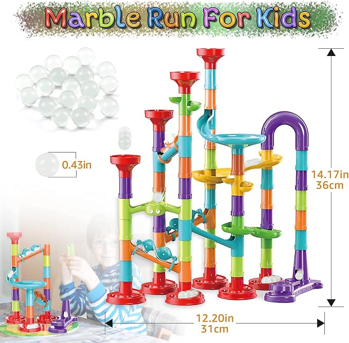 Marble Run Building Blocks STEM Toy Track Race Maze 30 Glass Marbles for Kids Boys Girls 3 4 5 6 7 8 9 10 11 12 Year Old Birthday Present Preshool Gift