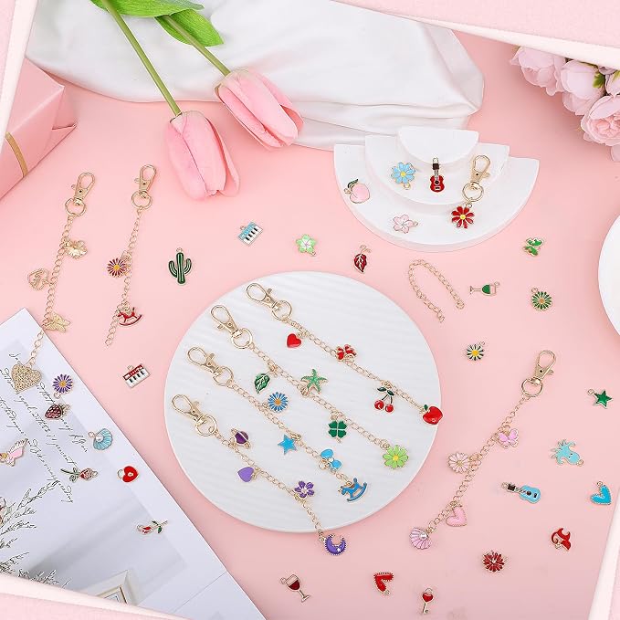 Pengxiaomei 401 Pcs Charms Jewelry Keychain Making Kits, Key Chains Women Cute Mothers Day Gifts Bag Charm Kit Including 150 Charms Keychains Making Supplies for DIY Crafting and Jewelry Gifts