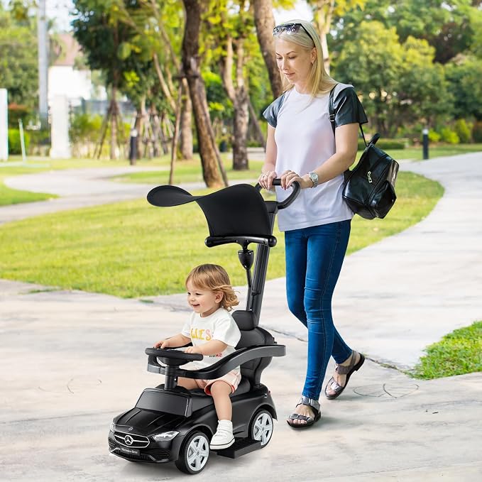 Costzon Push Car for Toddlers, 3 in 1 Mercedes Benz Stroller Sliding Walking Car w/Canopy, Handle, Safety Bar, Horn Sound, Underneath Storage, Foot-to-Floor Ride On Toy for Boys & Girls (Black)