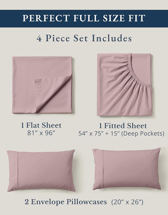 LANE LINEN Full Size Bed Sheets 100% Organic Cotton Cooling Soft - Lilac | GOTS Certified Organic Cotton Percale Full Sheet Set - For Hot Sleepers, All-Season Comfort, For Guest Bedrooms
