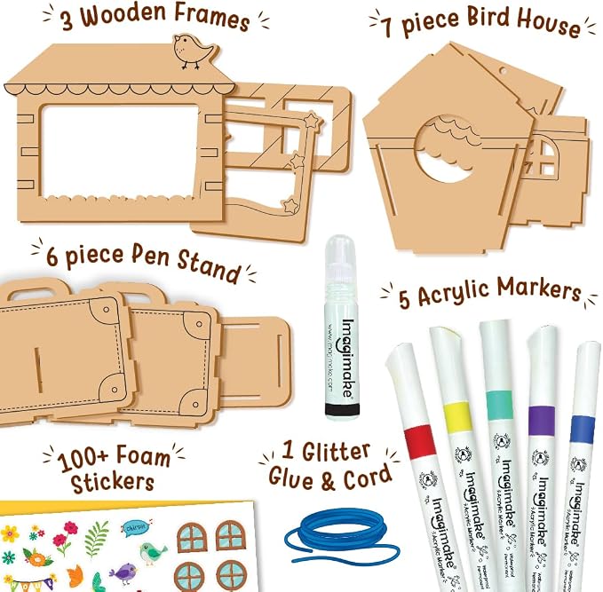 Imagimake DIY Wood Art Mega Pack | Build Wooden Bird House, 3 Photo Frames & Pen Stand | Glitter Glue | Painting Crafts for Kids | 100+ Foam Stickers | Boys & Girls Birthday Gifts Age 5,6,7,8,9