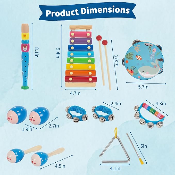 Wooden Musical Instruments Set for Toddlers 1-3, Natural Wood Percussion Instruments Xylophone Gift Set for Girls Boys Kids ,Preschool Educational Musical Toys with Storage Bag