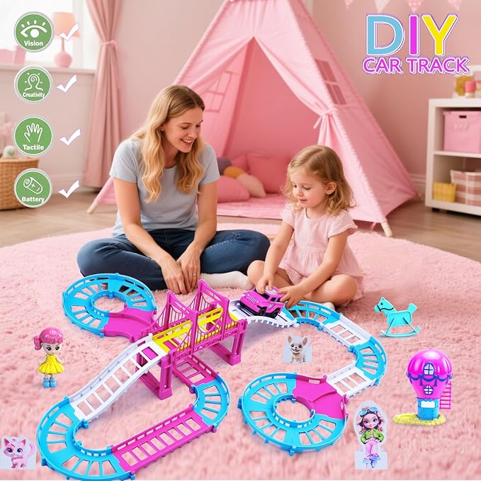 Race Tracks Toys for 3 4 5 6 Year Old Girls Kids, Princess Track Car Mode Game W/1 Electric Truck Car, Birthday Gift Toddler Cars Toy for 2-5 Year Old Girl Boy(Pink)