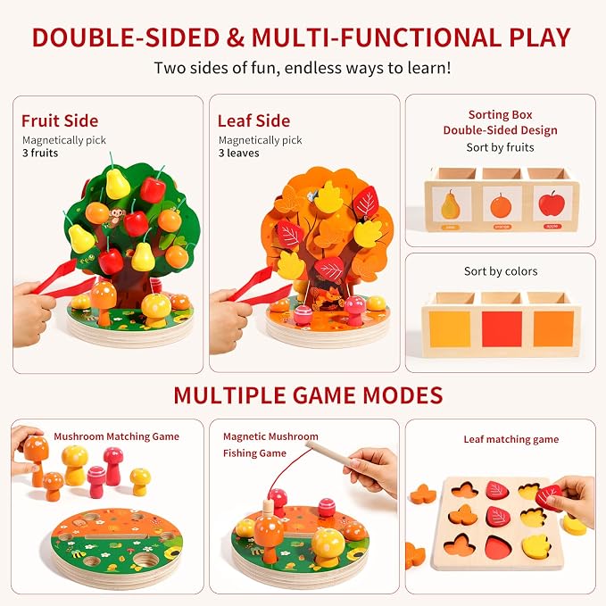 INIFEIDALA Montessori Toys for 3 4 5 6 Year Old - Wooden Educational Toy for Toddlers,Shape Sorting Puzzle for Fine Motor Skills,Apple Picking Magnetic Tree Toy,Hand-Eye Coordination,Color Recognition