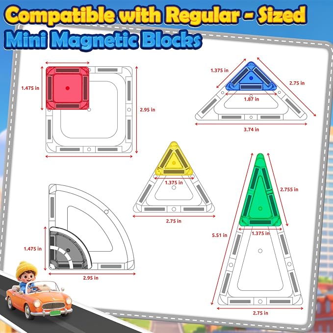 ORZbb Mini Magnetic Tiles Road with Case Toddler Travel Toys Trip Essentials Set, Magnetic Building Blocks Toys for 3 4 5+ Year Old Boys Girls Montessori Sensory Learning Easter Birthday Gifts