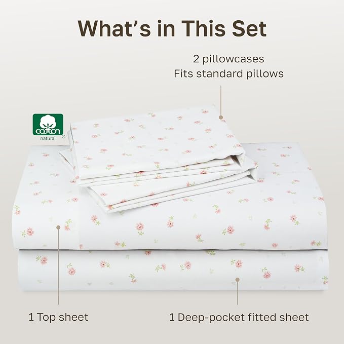 California Design Den Soft 100% Cotton Full Size Bed Sheets Set, 400 Thread Count Good Housekeeping Award Winner, Smooth Sateen Finish with Deep Pockets, Cozy & Durable Full Bedding Set - Soft Floral